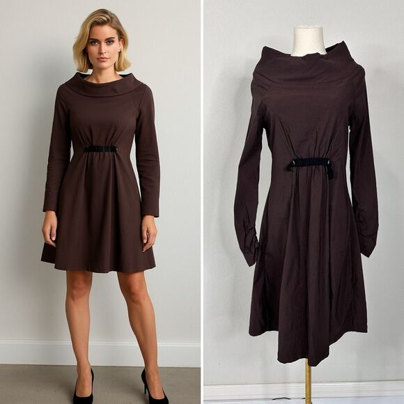NOBLU Brown Cowl Neck Long Sleeve Dress S Avant Garde Minimalist Edgy Atomic - Picture 1 of 11